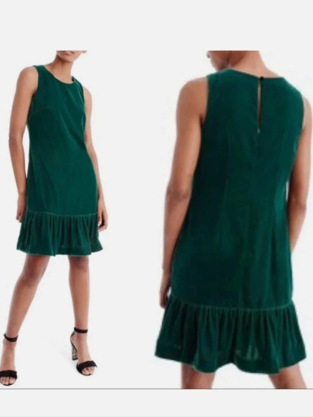 J Crew Velvet Ruffle Hem Shift Dress Green Sz 6
